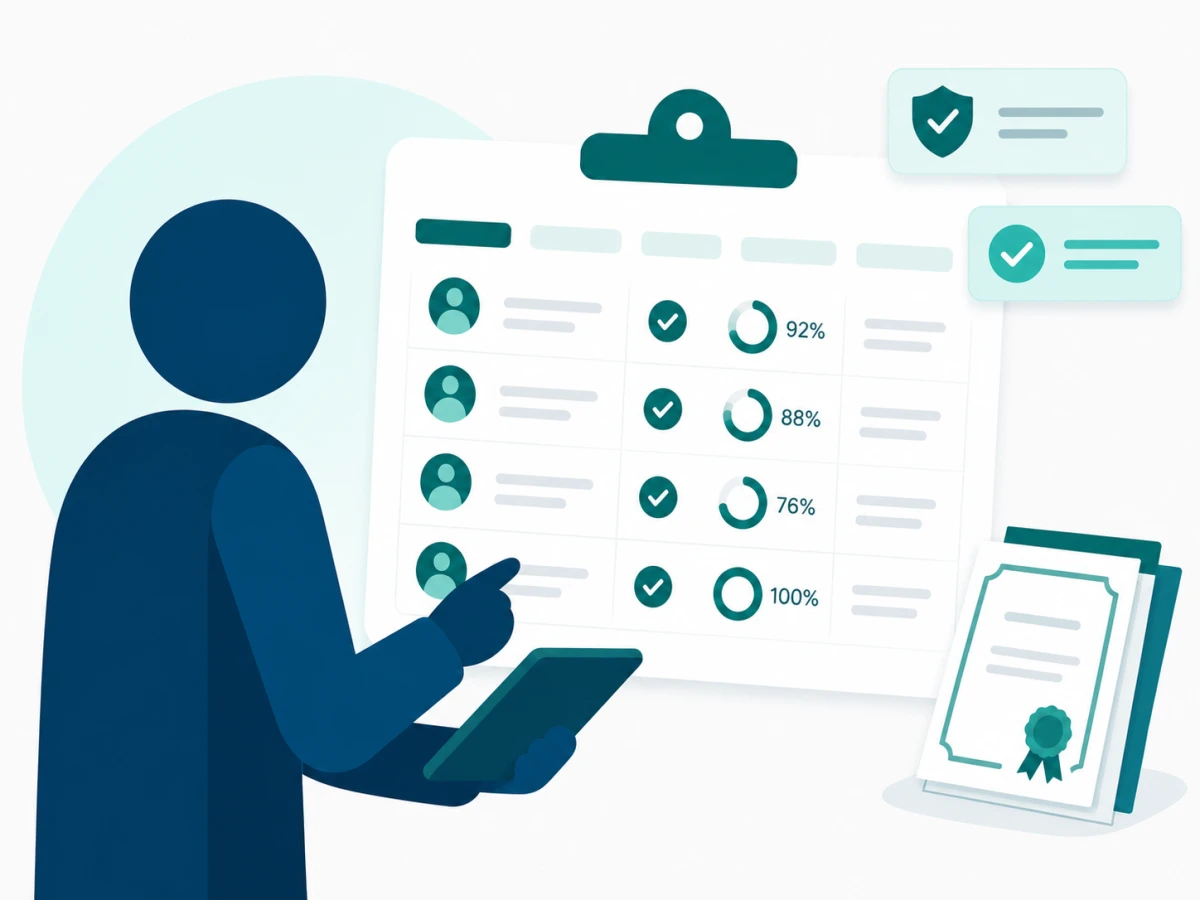 Compliance manager reviewing a roster of completed training with verified certificates